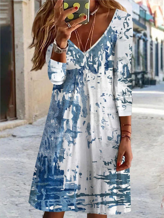 Women's Dresses Casual V-Neck Printed Long Sleeve Dress - Mini Dresses - Instastyled | Online Fashion Free Shipping Clothing, Dresses, Tops, Shoes - 29/08/2022 - Casual Dresses - Color_Blue