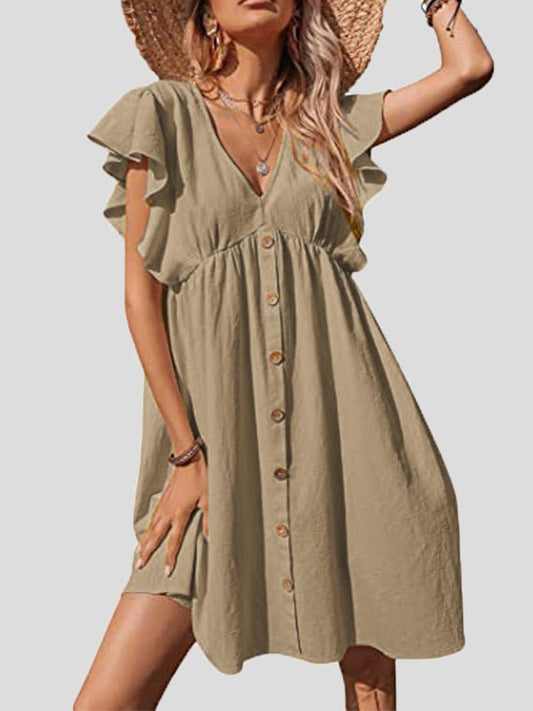 Women's Dresses Casual V-Neck Ruffle Sleeve Button Dress - Mini Dresses - Instastyled | Online Fashion Free Shipping Clothing, Dresses, Tops, Shoes - 17/05/2022 - 30-40 - Casual Dresses