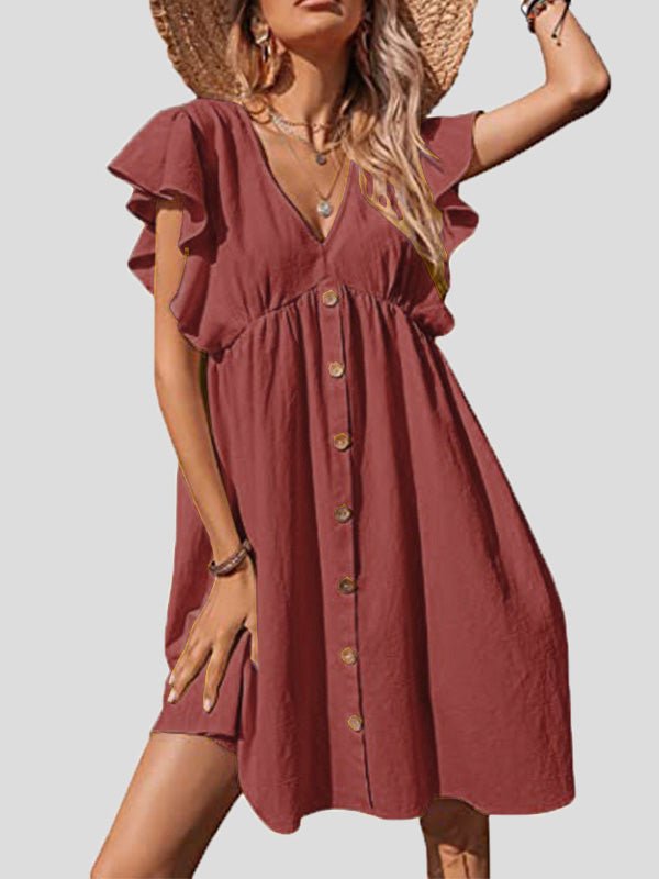 Women's Dresses Casual V-Neck Ruffle Sleeve Button Dress - Mini Dresses - Instastyled | Online Fashion Free Shipping Clothing, Dresses, Tops, Shoes - 17/05/2022 - 30-40 - Casual Dresses