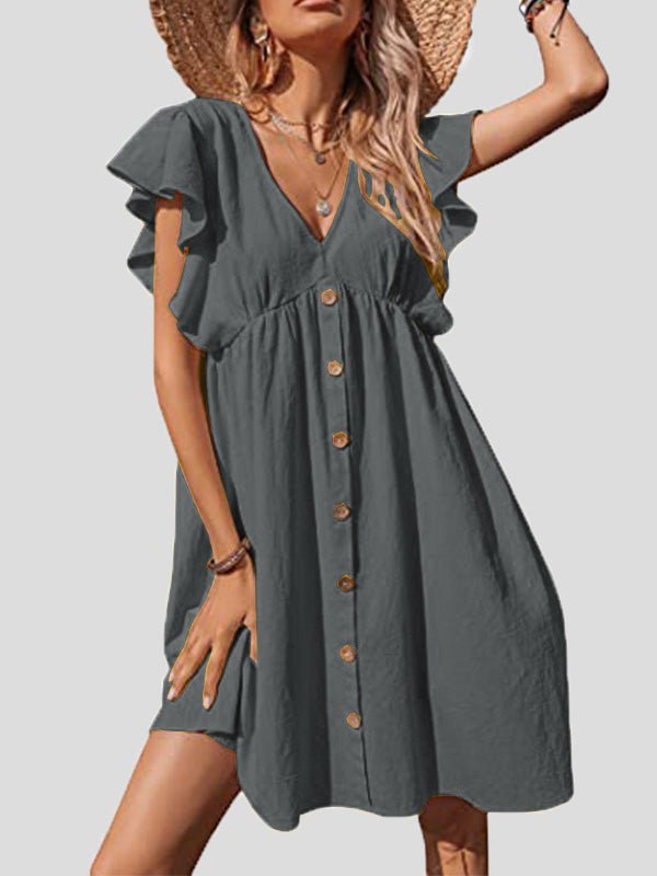 Women's Dresses Casual V-Neck Ruffle Sleeve Button Dress - Mini Dresses - Instastyled | Online Fashion Free Shipping Clothing, Dresses, Tops, Shoes - 17/05/2022 - 30-40 - Casual Dresses