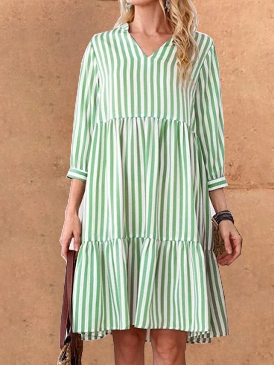 Women's Dresses Casual V-Neck Striped Long Sleeve Dress - Midi Dresses - Instastyled | Online Fashion Free Shipping Clothing, Dresses, Tops, Shoes - 25/12/2021 - 30-40 - Casual Dresses
