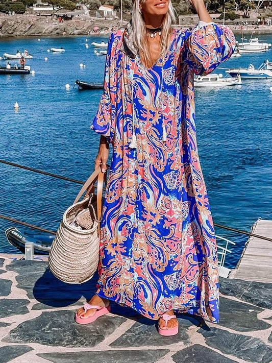 Women's Dresses Casual Vintage Print Beard Swing Dress - Maxi Dresses - Instastyled | Online Fashion Free Shipping Clothing, Dresses, Tops, Shoes - 05/08/2022 - Color_Blue - DRE2208055052