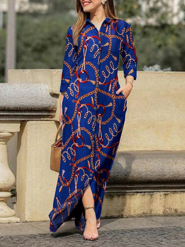 Women's Dresses Chain Print Lapel Button Long Sleeve Dress - Maxi Dresses - Instastyled | Online Fashion Free Shipping Clothing, Dresses, Tops, Shoes - 26/08/2022 - 40-50 - casual-dresses