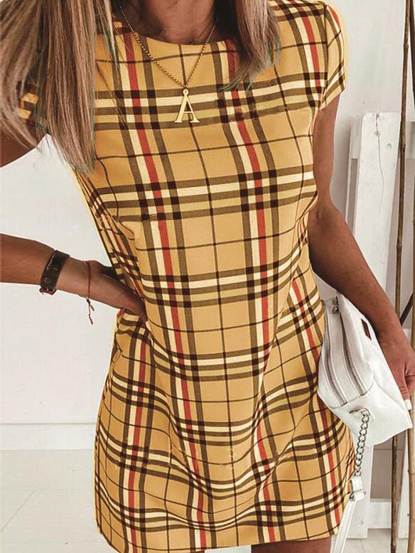 Women's Dresses Check Print Short Sleeve Slim Fit Dress - Mini Dresses - Instastyled | Online Fashion Free Shipping Clothing, Dresses, Tops, Shoes - 27/07/2022 - Casual Dresses - Color_Beige