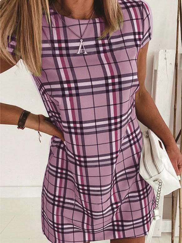 Women's Dresses Check Print Short Sleeve Slim Fit Dress - Mini Dresses - Instastyled | Online Fashion Free Shipping Clothing, Dresses, Tops, Shoes - 27/07/2022 - Casual Dresses - Color_Beige