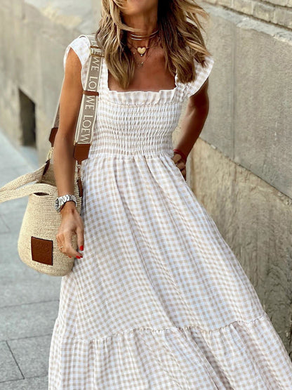 Women's Dresses Check Print Square Neck Sleeveless Dress - Maxi Dresses - Instastyled | Online Fashion Free Shipping Clothing, Dresses, Tops, Shoes - 06/06/2022 - 30-40 - color-khaki