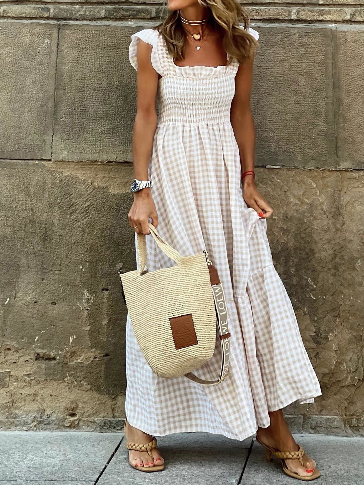 Women's Dresses Check Print Square Neck Sleeveless Dress - Maxi Dresses - Instastyled | Online Fashion Free Shipping Clothing, Dresses, Tops, Shoes - 06/06/2022 - 30-40 - color-khaki