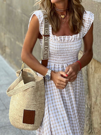 Women's Dresses Check Print Square Neck Sleeveless Dress - Maxi Dresses - Instastyled | Online Fashion Free Shipping Clothing, Dresses, Tops, Shoes - 06/06/2022 - 30-40 - color-khaki