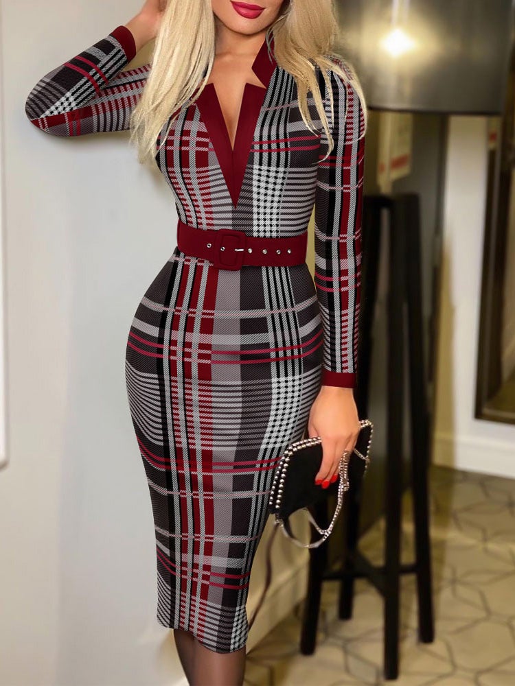 Women's Dresses Check Printed V-Neck Belt Long Sleeve Dress - Midi Dresses - Instastyled | Online Fashion Free Shipping Clothing, Dresses, Tops, Shoes - 22/12/2021 - 30-40 - color-black