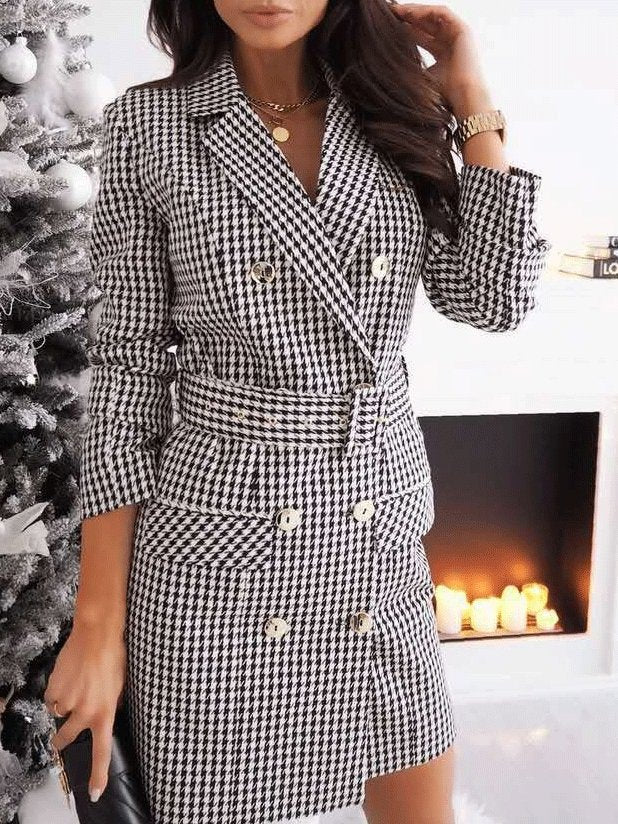 Women's Dresses Checked Belt Long Sleeve Suit Dress - Mini Dresses - INS | Online Fashion Free Shipping Clothing, Dresses, Tops, Shoes - 08/11/2021 - 30-40 - color-black