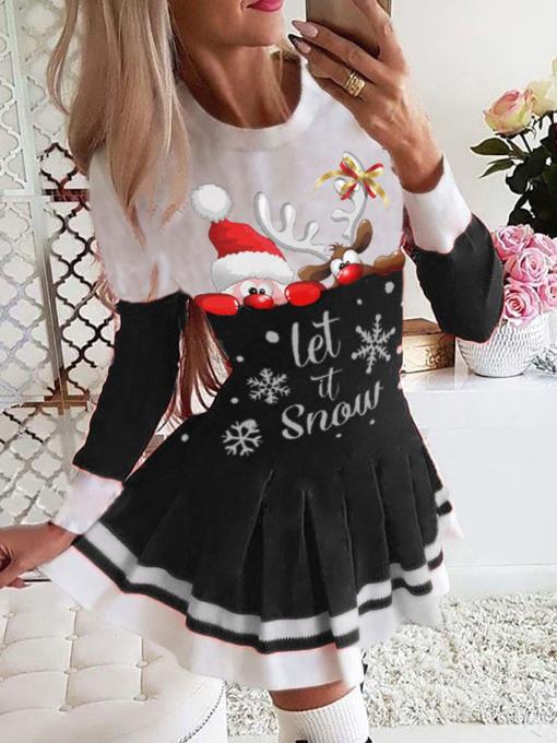 Women's Dresses Christmas Print Long Sleeve Pleated Dress - Mini Dresses - INS | Online Fashion Free Shipping Clothing, Dresses, Tops, Shoes - 1/11/2021 - 20-30 - color-black