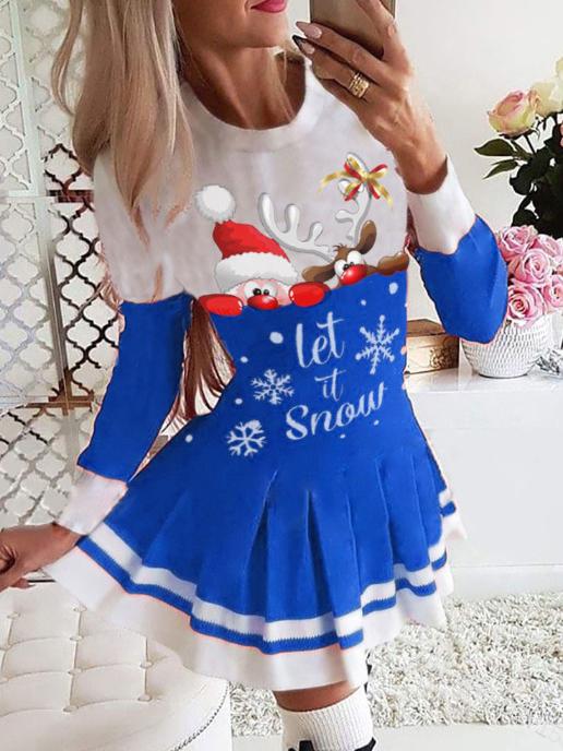 Women's Dresses Christmas Print Long Sleeve Pleated Dress - Mini Dresses - INS | Online Fashion Free Shipping Clothing, Dresses, Tops, Shoes - 1/11/2021 - 20-30 - color-black