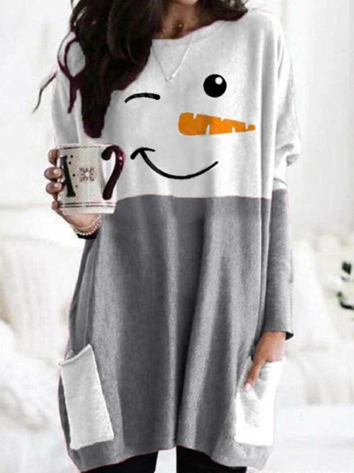 Women's Dresses Christmas Snowman Print Pocket Long Sleeve Dress - Mini Dresses - INS | Online Fashion Free Shipping Clothing, Dresses, Tops, Shoes - 1/11/2021 - 20-30 - Casual Dresses