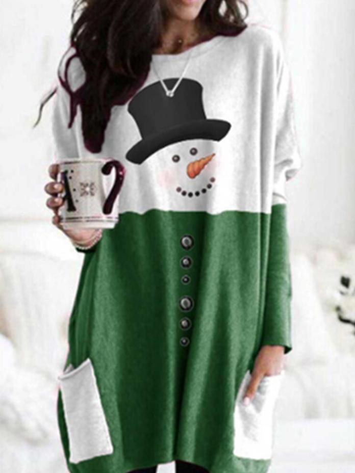 Women's Dresses Christmas Snowman Print Pocket Long Sleeve Dress - Mini Dresses - INS | Online Fashion Free Shipping Clothing, Dresses, Tops, Shoes - 1/11/2021 - 20-30 - Casual Dresses