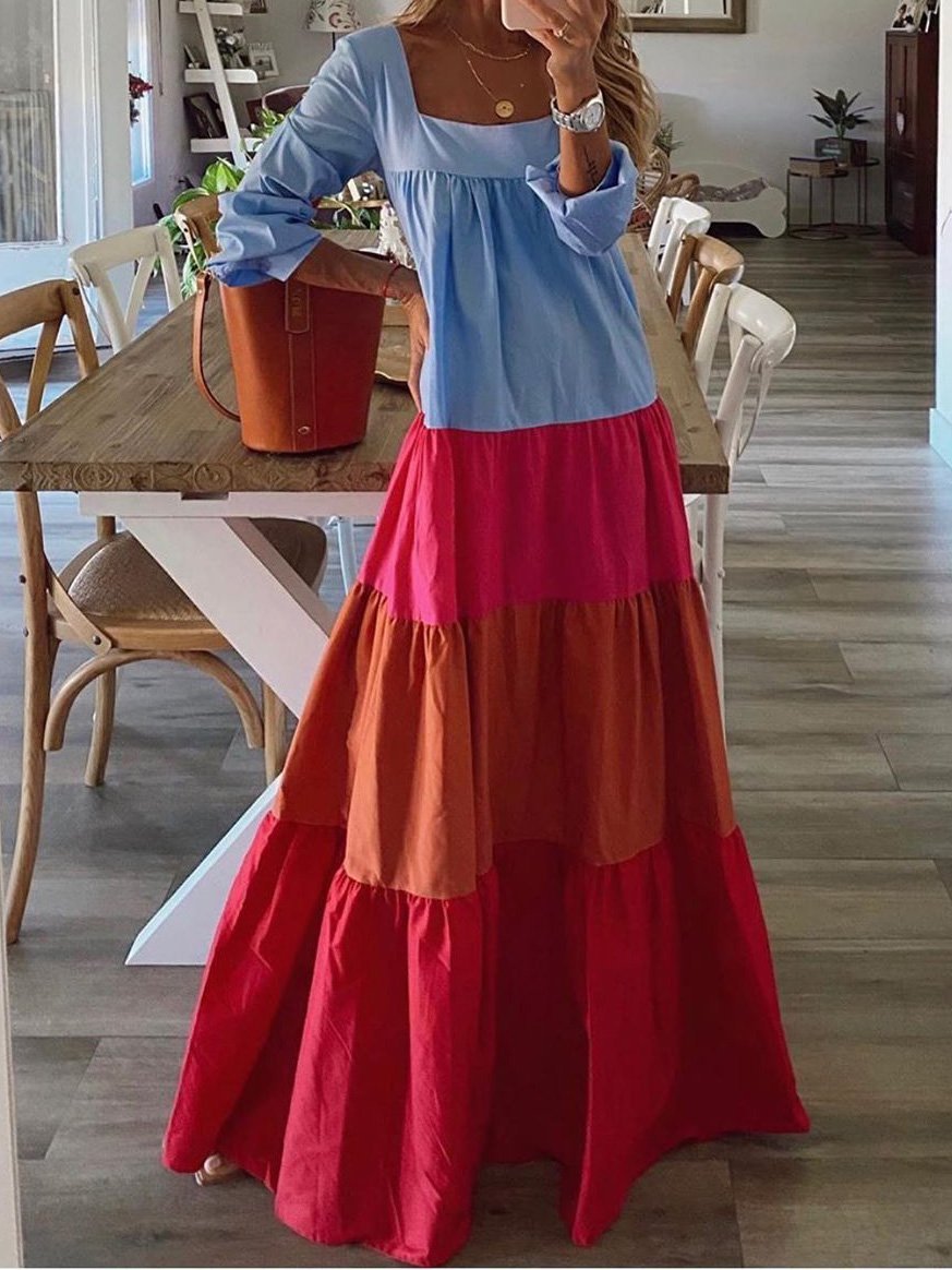 Women's Dresses Colorblock Long Sleeve Casual Maxi Dress - Maxi Dresses - INS | Online Fashion Free Shipping Clothing, Dresses, Tops, Shoes - 10/08/2021 - 20-30 - Category_Maxi Dresses