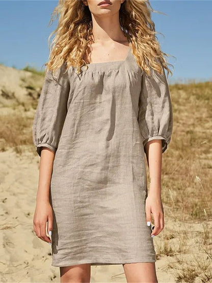 Mini Dresses - Cotton Linen Loose Casual Half Sleeve Mini Dress - MsDressly