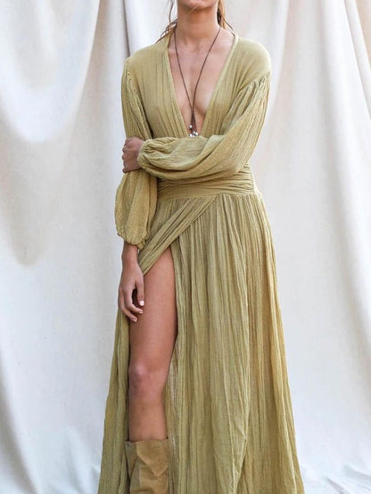 Women's Dresses Cotton Linen V-Neck Balloon Sleeve Slit Dress - Maxi Dresses - Instastyled | Online Fashion Free Shipping Clothing, Dresses, Tops, Shoes - 18/08/2022 - Casual Dresses - Color_Black