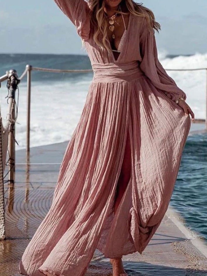 Women's Dresses Cotton Linen V-Neck Balloon Sleeve Slit Dress - Maxi Dresses - Instastyled | Online Fashion Free Shipping Clothing, Dresses, Tops, Shoes - 18/08/2022 - Casual Dresses - Color_Black