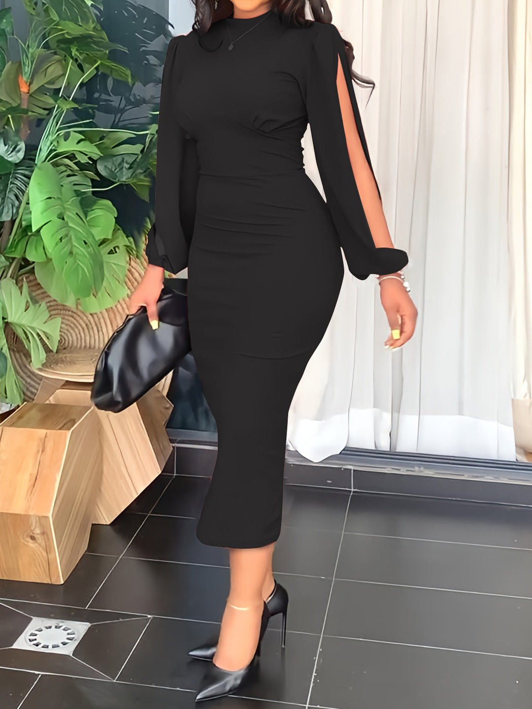 Women's Dresses Crew Neck Hollow Long Sleeve Slim Fit Dress - Maxi Dresses - Instastyled | Online Fashion Free Shipping Clothing, Dresses, Tops, Shoes - 12/08/2022 - Bodycon Dresses - Color_Black