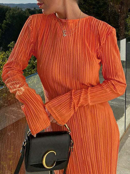 Women's Dresses Crew Neck Pleated Long Sleeve Dress - Maxi Dresses - Instastyled | Online Fashion Free Shipping Clothing, Dresses, Tops, Shoes - 30/08/2022 - 40-50 - bodycon-dresses