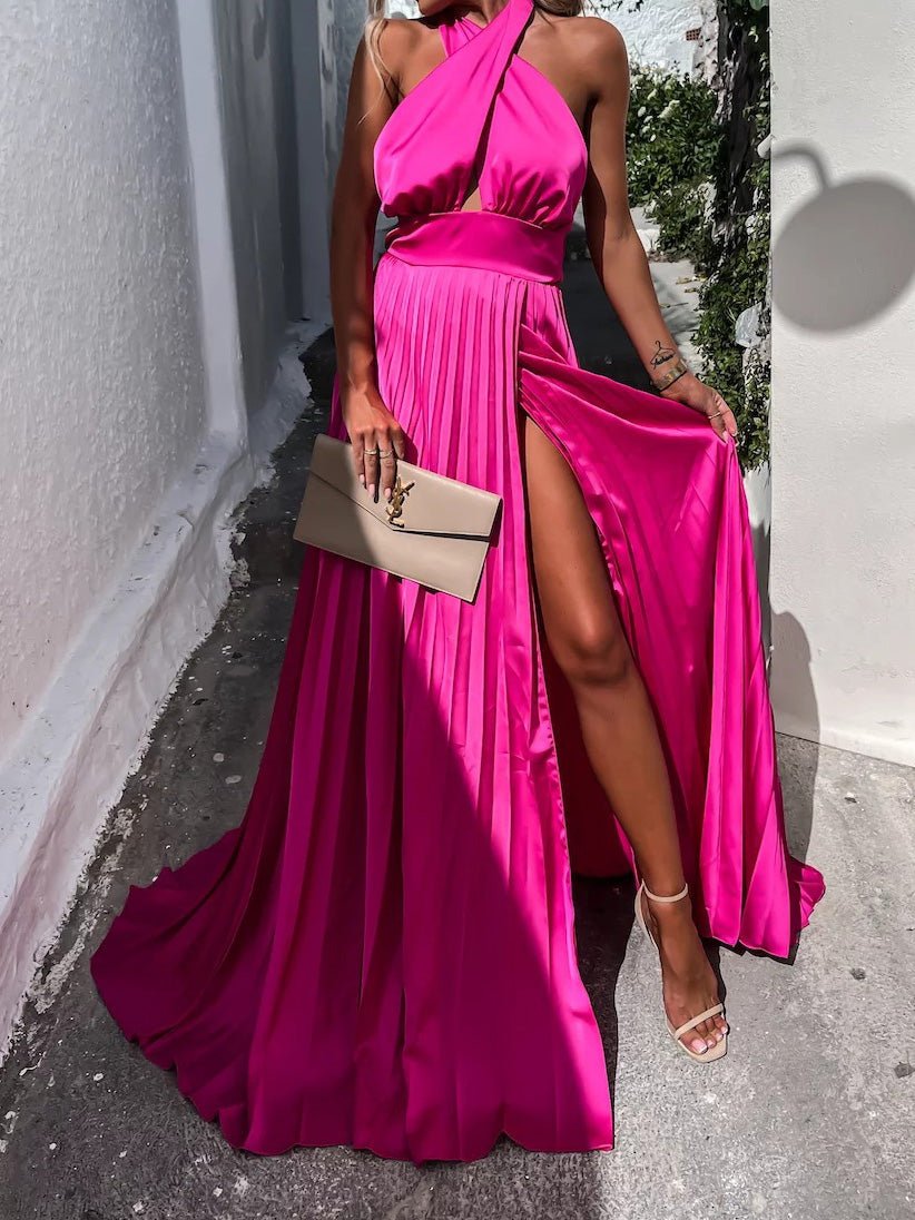 Women's Dresses Cross Halterneck Pleated Sleeveless Slit Dress - Maxi Dresses - Instastyled | Online Fashion Free Shipping Clothing, Dresses, Tops, Shoes - 23/05/2022 - 30-40 - color-black