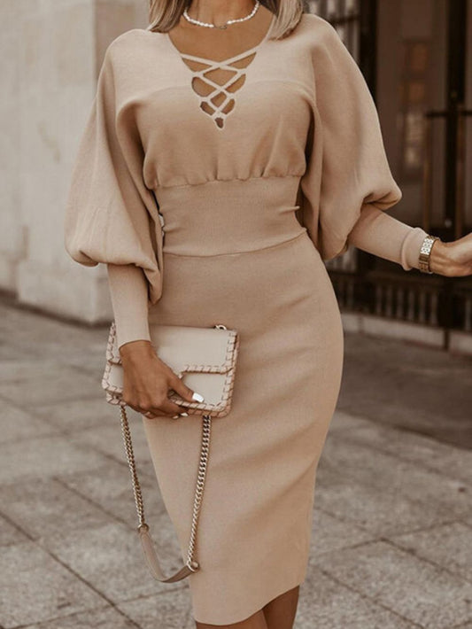 Women's Dresses Cross Puff Sleeve Long Sleeve Slim Dress - Midi Dresses - INS | Online Fashion Free Shipping Clothing, Dresses, Tops, Shoes - 31/08/2021 - 40-50 - Category_Midi Dresses