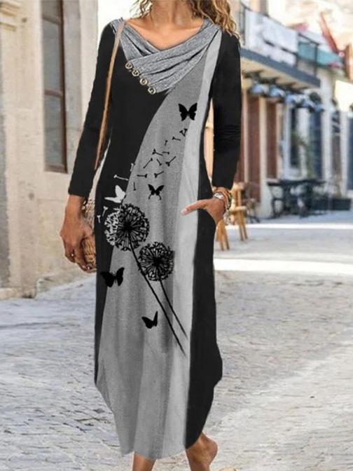 Women's Dresses Dandelion Print Pile Neck Long Sleeve Dress - Maxi Dresses - INS | Online Fashion Free Shipping Clothing, Dresses, Tops, Shoes - 06/09/2021 - 20-30 - Category_Maxi Dresses
