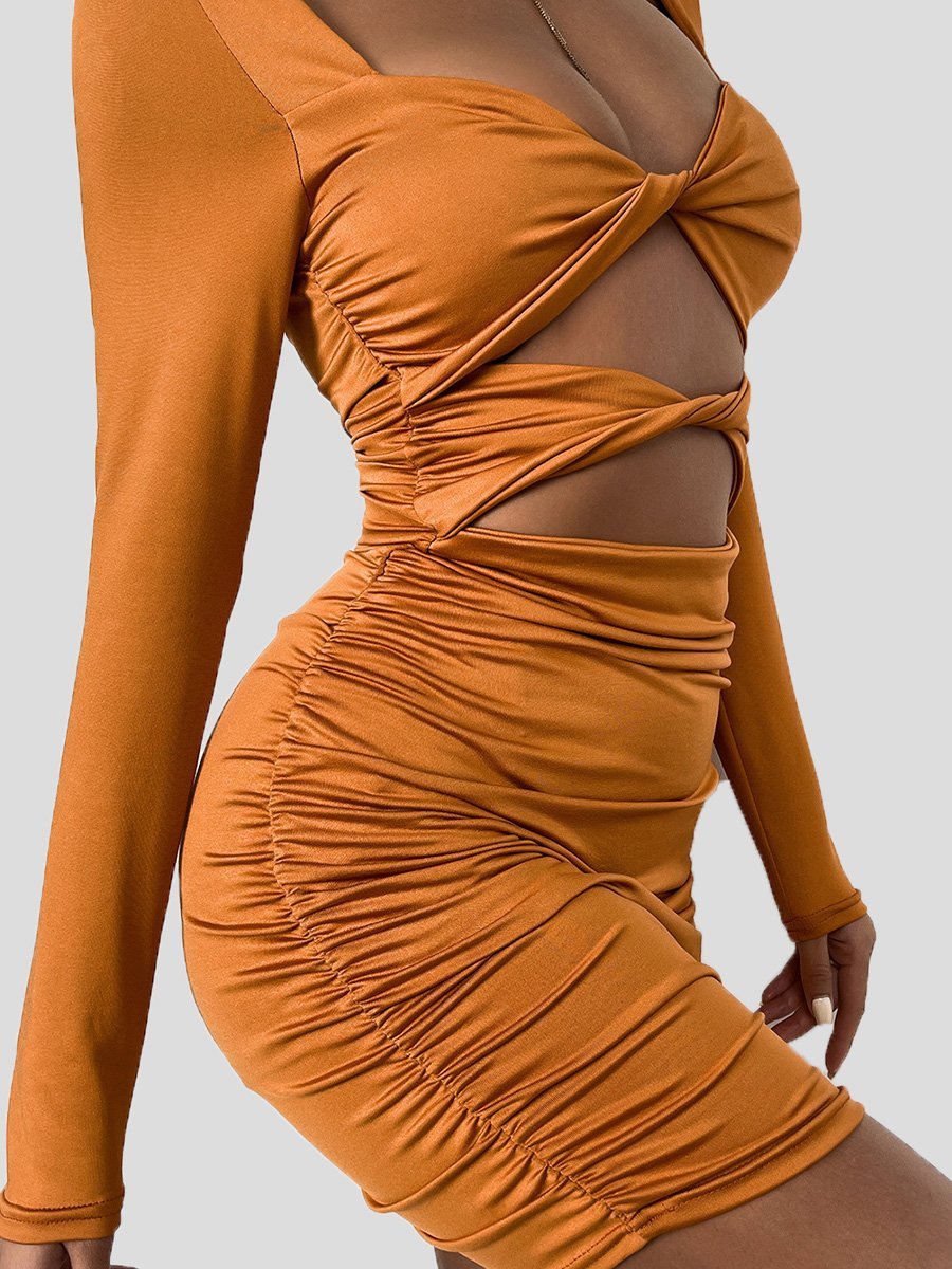 Women's Dresses Deep V Hollow Tie Pleated Long Sleeve Dress - Mini Dresses - INS | Online Fashion Free Shipping Clothing, Dresses, Tops, Shoes - 20-30 - 25/08/2021 - Category_Mini Dresses