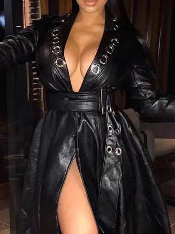 Women's Dresses Deep V-Neck Corn Eye Belt Long Sleeve Leather Dress - Midi Dresses - INS | Online Fashion Free Shipping Clothing, Dresses, Tops, Shoes - 30/11/2021 - color-black - Color_Black