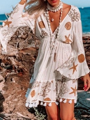 Women's Dresses Deep V-Neck Fringed Long Sleeve Printed Dress - Mini Dresses - INS | Online Fashion Free Shipping Clothing, Dresses, Tops, Shoes - 03/09/2021 - 30-40 - Category_Mini Dresses