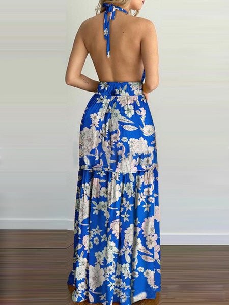 Women's Dresses Deep V-Neck Halter Print Bare Back Dress - Maxi Dresses - Instastyled | Online Fashion Free Shipping Clothing, Dresses, Tops, Shoes - 06/01/2022 - 30-40 - color-blue