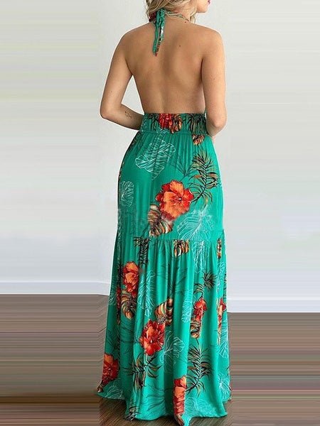 Women's Dresses Deep V-Neck Halter Print Bare Back Dress - Maxi Dresses - Instastyled | Online Fashion Free Shipping Clothing, Dresses, Tops, Shoes - 06/01/2022 - 30-40 - color-blue