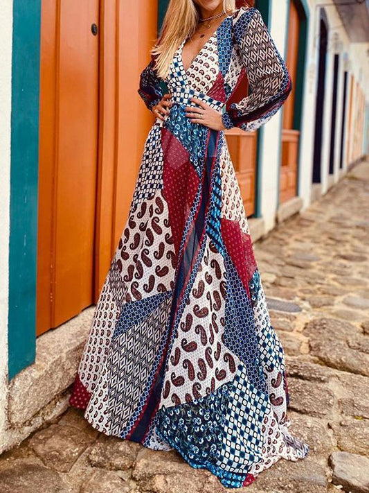 Women's Dresses Deep V-Neck Long Sleeve Halter Bohemian Dress - Maxi Dresses - INS | Online Fashion Free Shipping Clothing, Dresses, Tops, Shoes - 24/09/2021 - 30-40 - color-multi