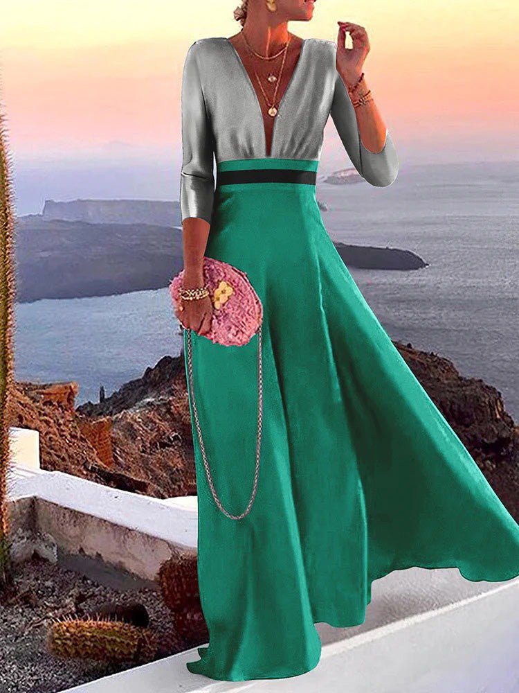 Women's Dresses Deep V Neck Long Sleeve Print Dress - Maxi Dresses - Instastyled | Online Fashion Free Shipping Clothing, Dresses, Tops, Shoes - 07/09/2022 - Color_Green - Color_Red