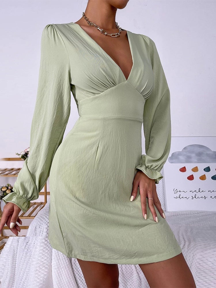 Women's Dresses Deep V Neck Long Sleeve Slit Dress - Mini Dresses - Instastyled | Online Fashion Free Shipping Clothing, Dresses, Tops, Shoes - 14/01/2022 - 40-50 - color-light_green
