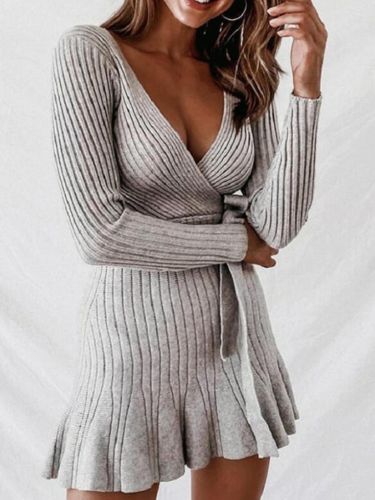 Women's Dresses Deep V-Neck Long Sleeve Temperament Knitted Dress - Mini Dresses - INS | Online Fashion Free Shipping Clothing, Dresses, Tops, Shoes - 11/10/2021 - 40-50 - color-blue