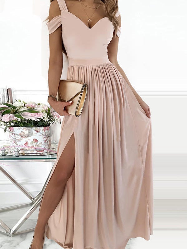 Women's Dresses Deep V Neck Off Shoulder Slit Dress - Maxi Dresses - Instastyled | Online Fashion Free Shipping Clothing, Dresses, Tops, Shoes - 22/01/2022 - color-pink - Color_Pink