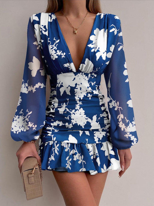 Women's Dresses Deep V-Neck Printed Long Sleeve Mini Dress - Mini Dresses - Instastyled | Online Fashion Free Shipping Clothing, Dresses, Tops, Shoes - 22/01/2022 - 40-50 - color-blue