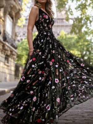 Women's Dresses Deep V-Neck Sleeveless Embroidered Dress - Maxi Dresses - Instastyled | Online Fashion Free Shipping Clothing, Dresses, Tops, Shoes - 22/01/2022 - color-black - Color_Black