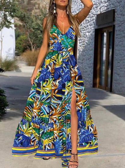 Women's Dresses Deep V-Neck Sling Leaf Print Slit Dress - Maxi Dresses - Instastyled | Online Fashion Free Shipping Clothing, Dresses, Tops, Shoes - 13/01/2022 - color-blue - color-green