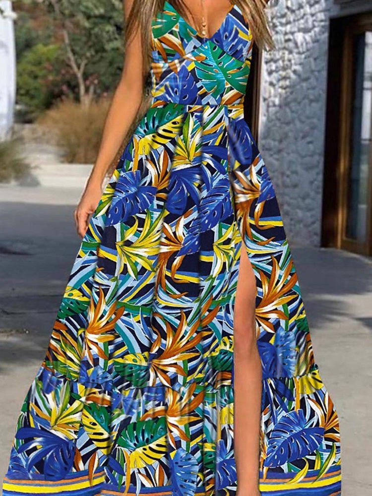 Women's Dresses Deep V-Neck Sling Leaf Print Slit Dress - Maxi Dresses - Instastyled | Online Fashion Free Shipping Clothing, Dresses, Tops, Shoes - 13/01/2022 - color-blue - color-green