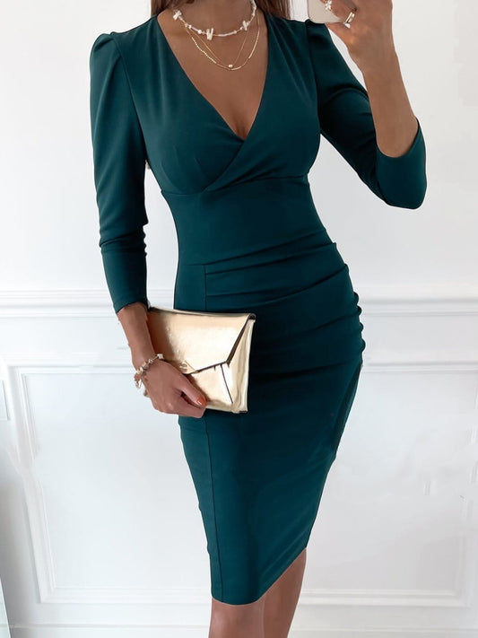 Women's Dresses Deep V-Neck Solid Long Sleeve Tight Dress - Midi Dresses - INS | Online Fashion Free Shipping Clothing, Dresses, Tops, Shoes - 20-30 - 23/11/2021 - Bodycon Dresses