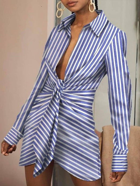 Women's Dresses Deep V-Neck Striped Long Sleeve Shirt Dress - Mini Dresses - INS | Online Fashion Free Shipping Clothing, Dresses, Tops, Shoes - 02/09/2021 - 30-40 - Category_Mini Dresses