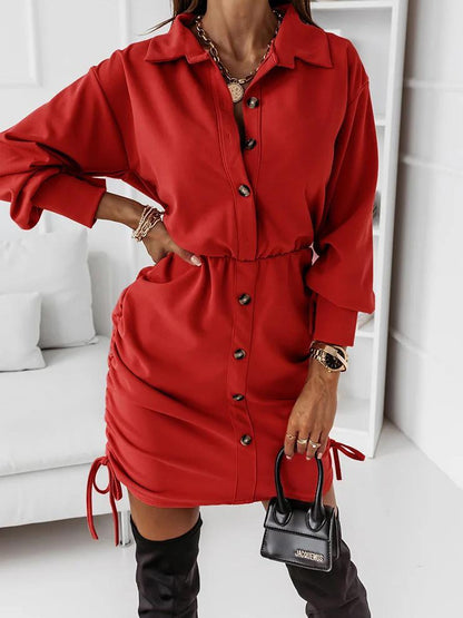 Women's Dresses Drawstring Button Long Sleeve Shirt Dress - Mini Dresses - INS | Online Fashion Free Shipping Clothing, Dresses, Tops, Shoes - 02/09/2021 - 20-30 - Category_Mini Dresses