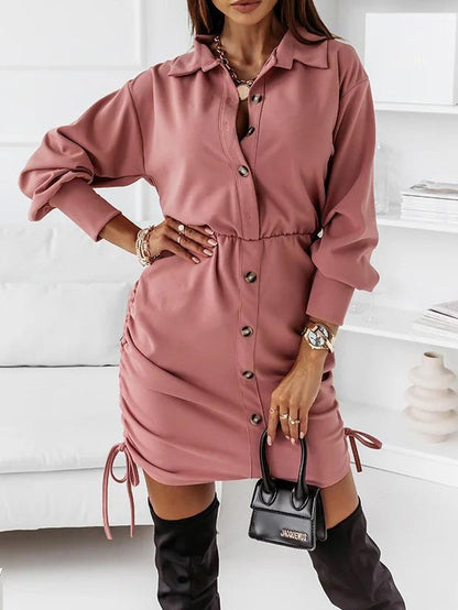 Women's Dresses Drawstring Button Long Sleeve Shirt Dress - Mini Dresses - INS | Online Fashion Free Shipping Clothing, Dresses, Tops, Shoes - 02/09/2021 - 20-30 - Category_Mini Dresses