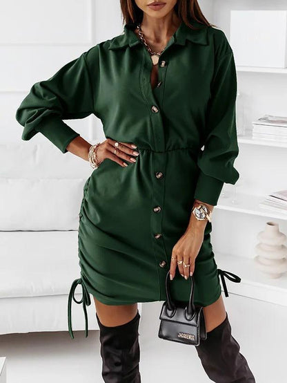 Women's Dresses Drawstring Button Long Sleeve Shirt Dress - Mini Dresses - INS | Online Fashion Free Shipping Clothing, Dresses, Tops, Shoes - 02/09/2021 - 20-30 - Category_Mini Dresses