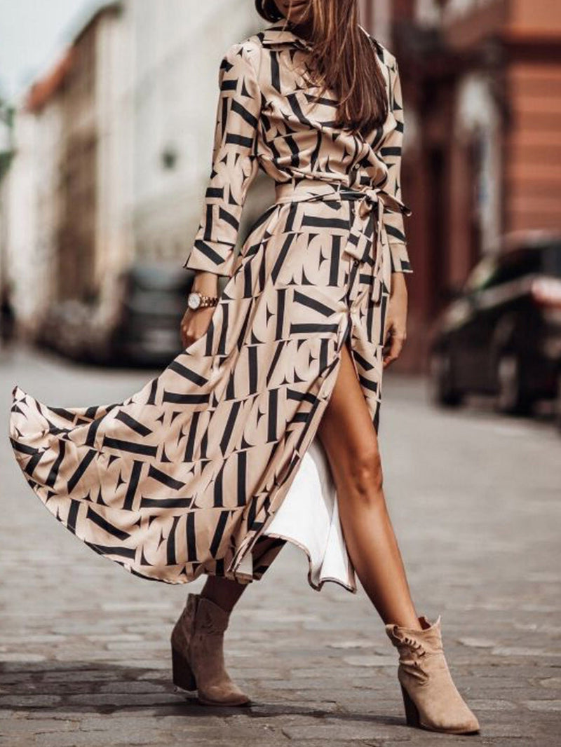 Women's Dresses Fashion Print Belted Long Sleeve Shirt Dress - Maxi Dresses - Instastyled | Online Fashion Free Shipping Clothing, Dresses, Tops, Shoes - 22/12/2021 - 40-50 - color-black