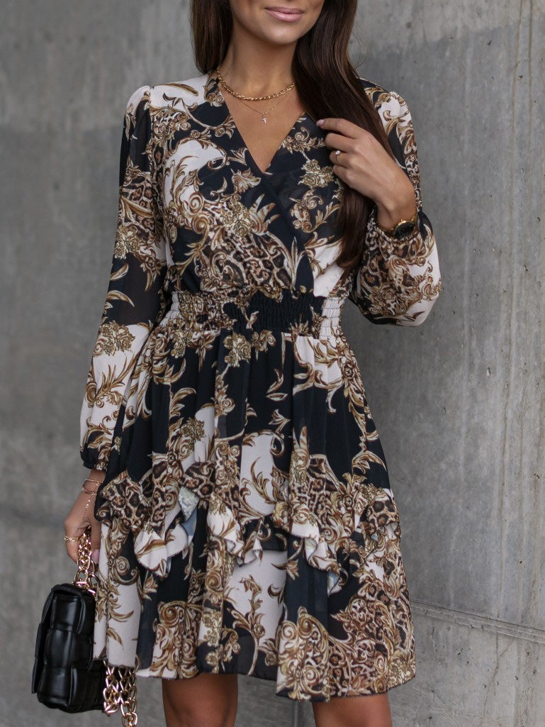 Women's Dresses Fashion Printed V-Neck Long Sleeve Dress - Midi Dresses - Instastyled | Online Fashion Free Shipping Clothing, Dresses, Tops, Shoes - 23/12/2021 - 30-40 - color-apricot