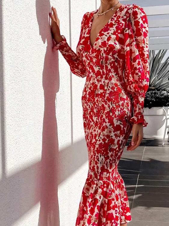 Women's Dresses Fashion V-Neck Long Sleeve Printed Dress - Maxi Dresses - INS | Online Fashion Free Shipping Clothing, Dresses, Tops, Shoes - 30-40 - 31/08/2021 - Category_Maxi Dresses