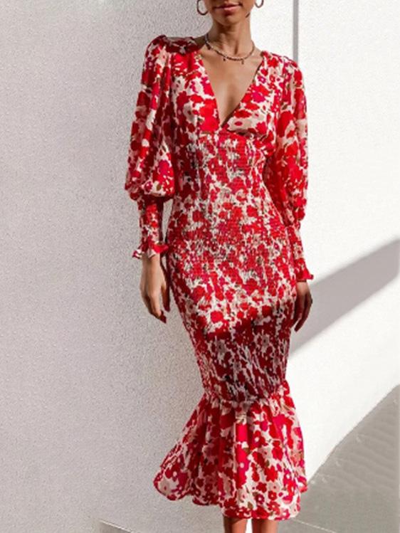 Women's Dresses Fashion V-Neck Long Sleeve Printed Dress - Maxi Dresses - INS | Online Fashion Free Shipping Clothing, Dresses, Tops, Shoes - 30-40 - 31/08/2021 - Category_Maxi Dresses